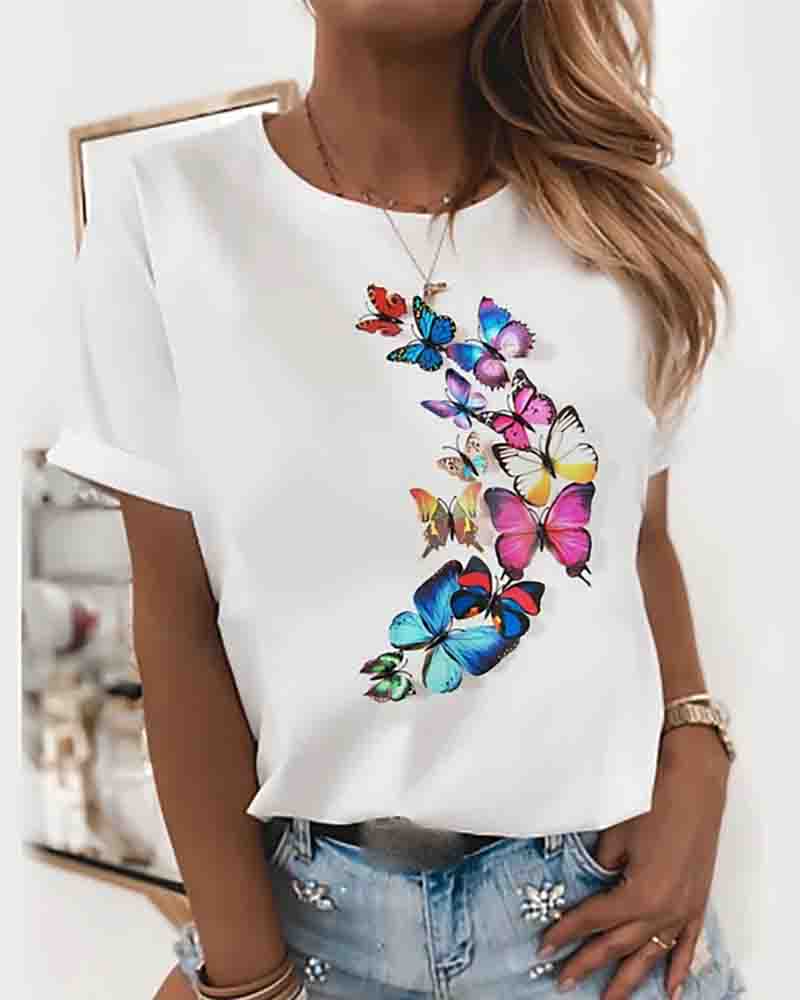 

Butterfly / Letter Cat Print Round Neck Tops Cotton Basic T-shirt, Style1