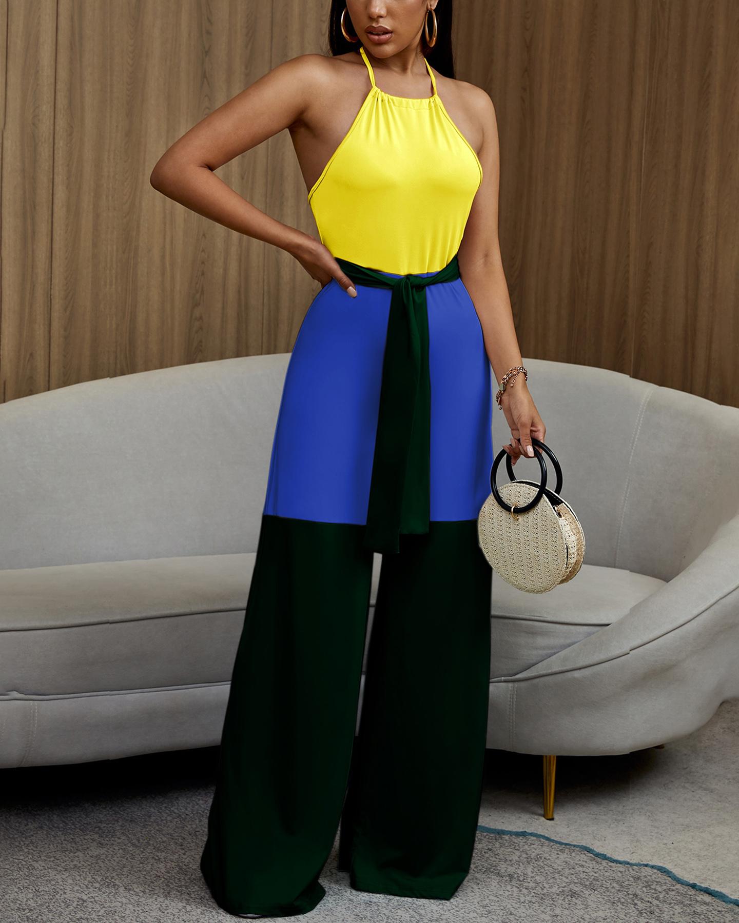 

Halter Contrast Color Sleeveless Jumpsuits, Yellow