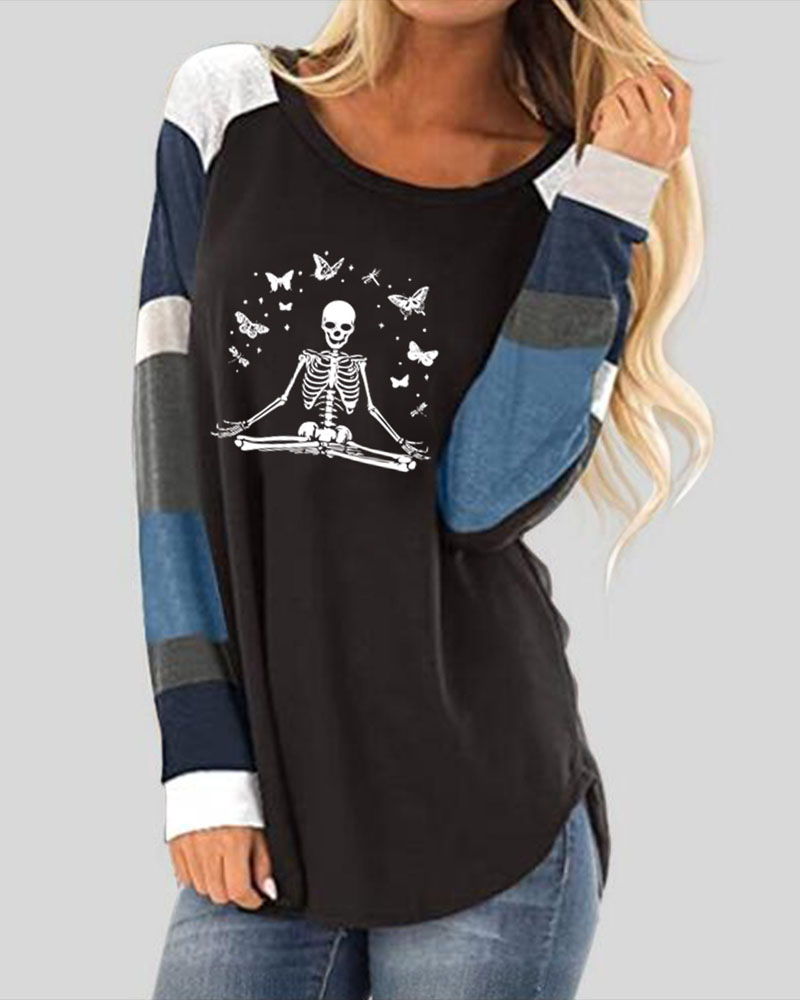 

Halloween Butterfly Skeleton Print Striped Long Sleeve Top, Black