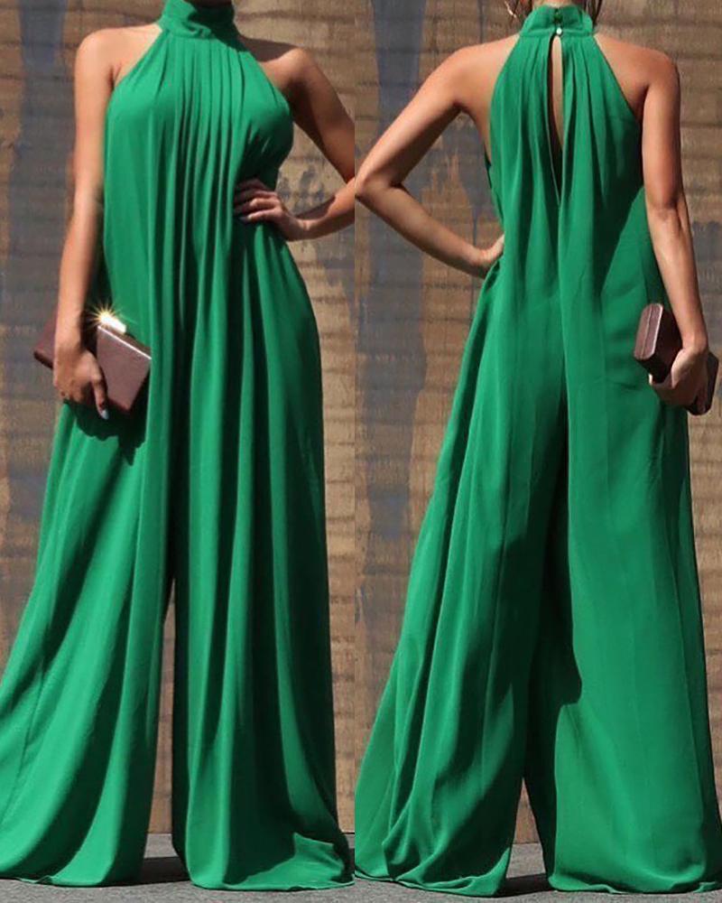 

High Neck Sleeveless Wide Leg Jumpsuit, Green