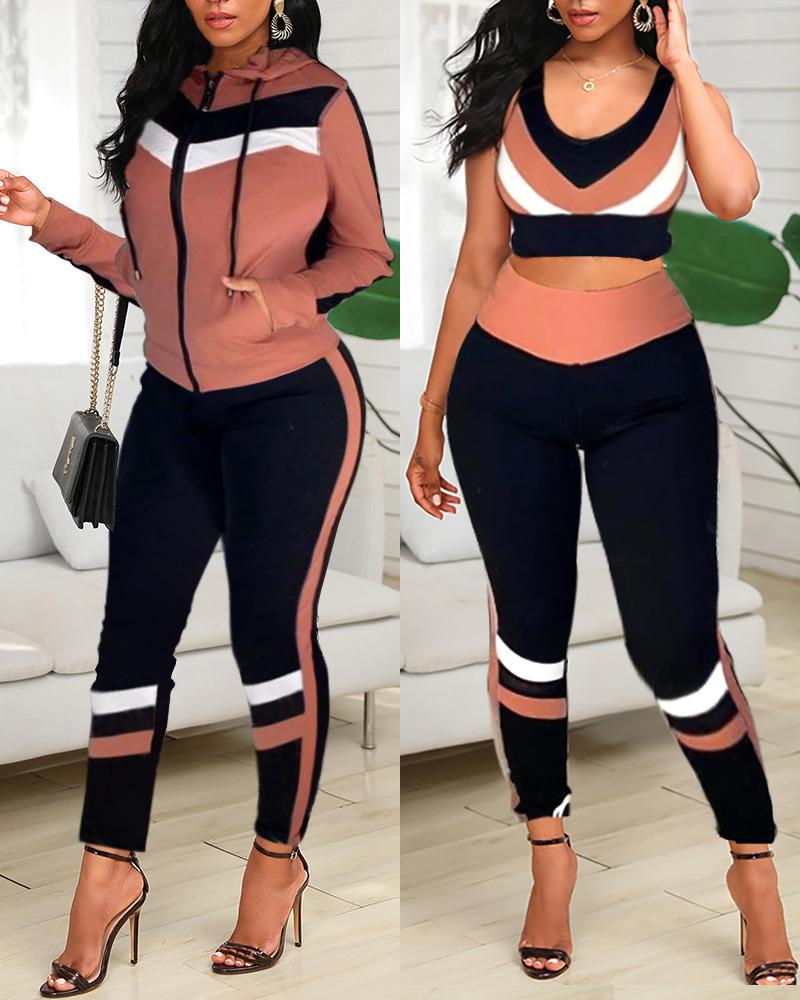 

Colorblock Crop Top & High Waist Pants & Hooded Coat Set, Pink