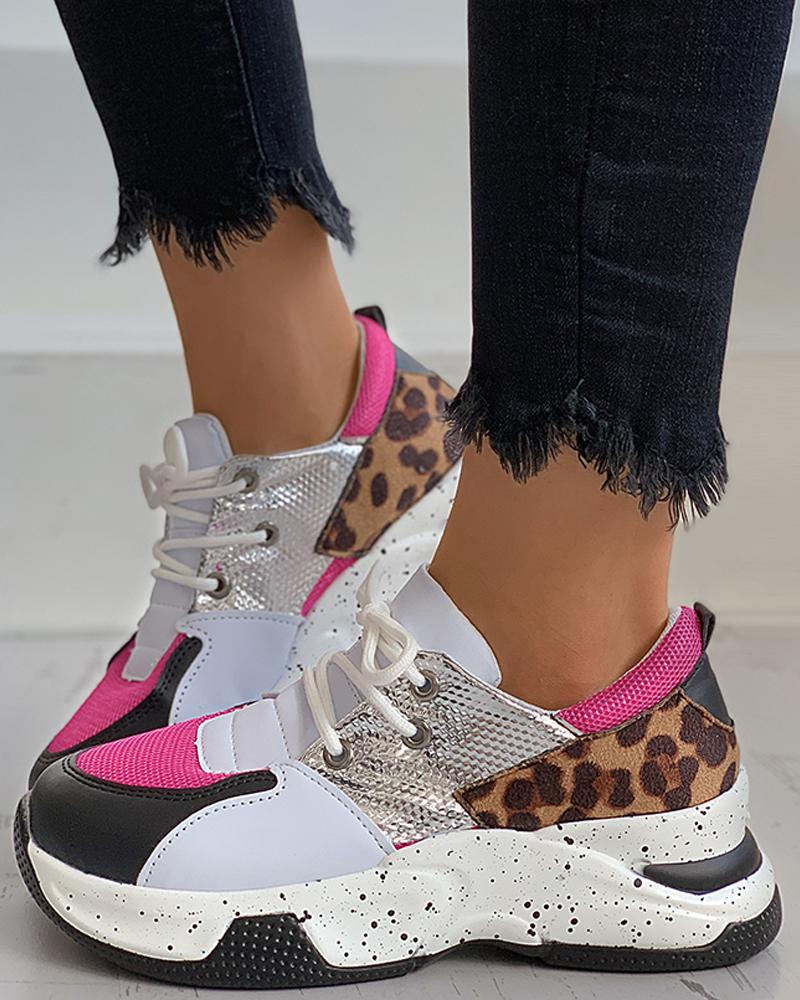 

Cheetah / Snakeskin Print Colorblock Lace-up Sneaker, Hot pink