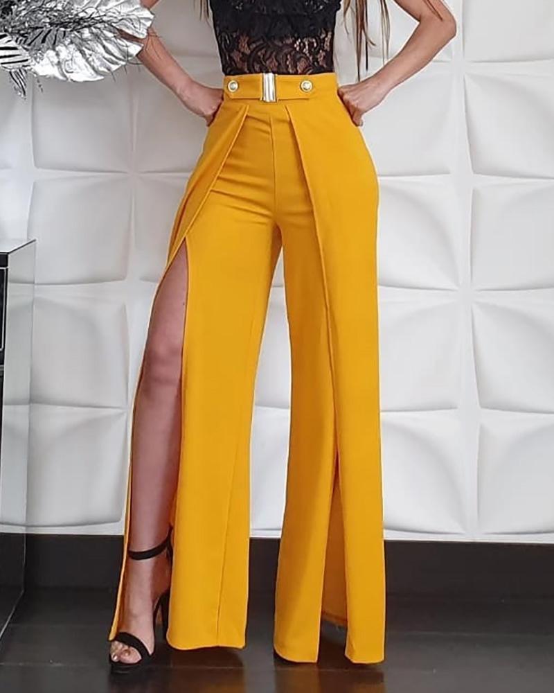 

Plain High Waist Slit Wide Leg Pants, Dark yellow