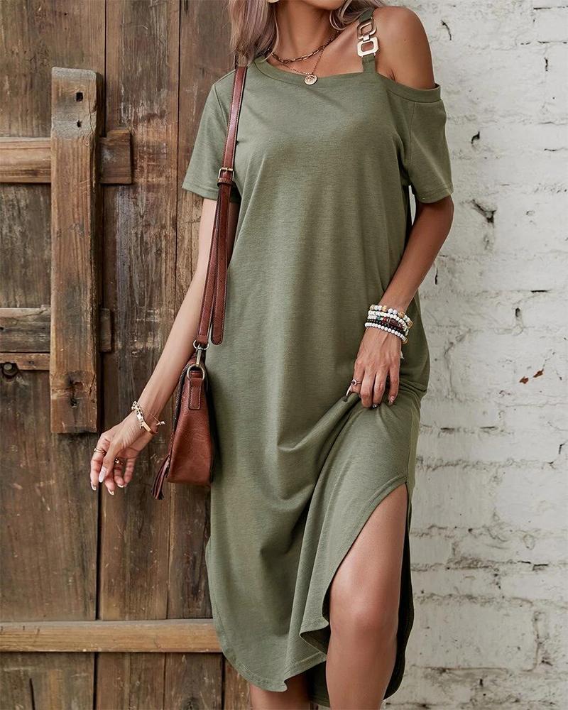 

Chain Strap Slit Casual Dress, Army green