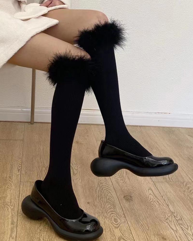 

1Pair Feather Detail Knee High Socks, Black