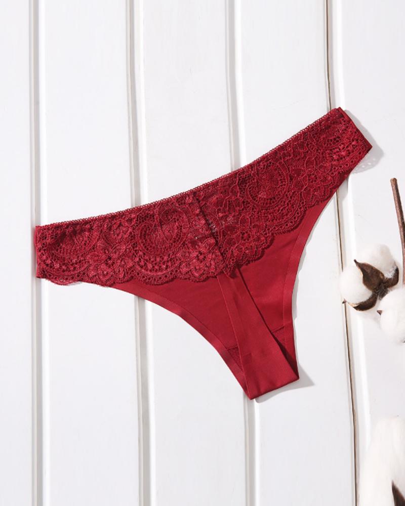 

Contrast Lace Seamless Breathable Thong Panty, Wine red