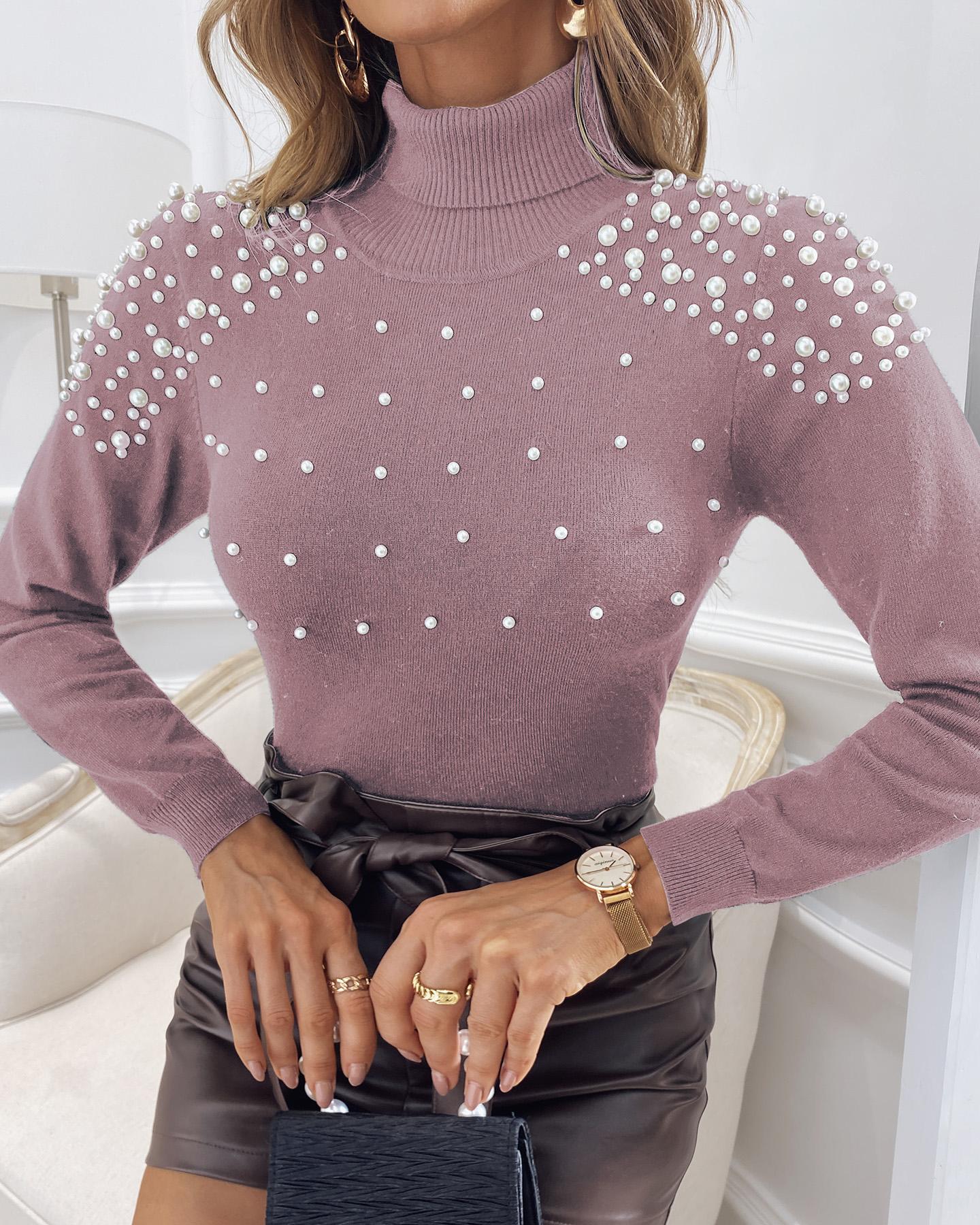 

Beaded High Neck Long Sleeve Sweater, Pink
