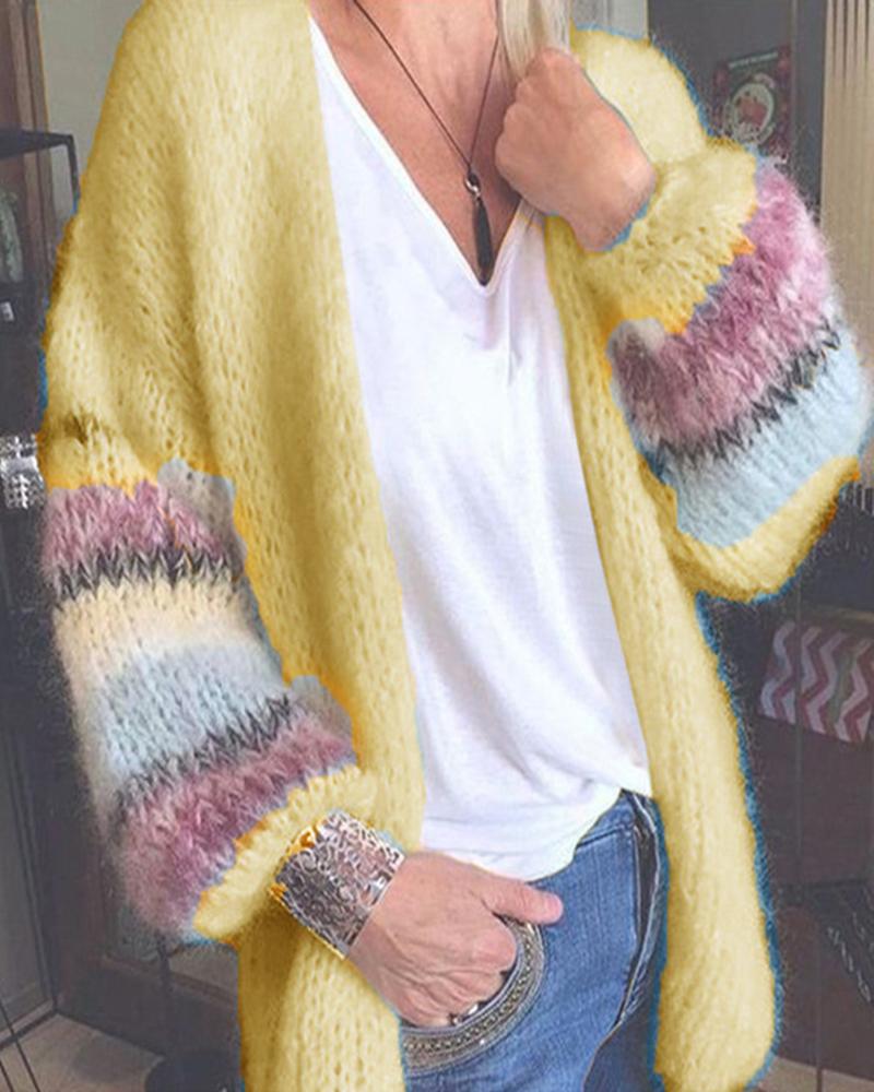 

Knit Colorblock Striped Print Lantern Sleeve Cardigan, Yellow