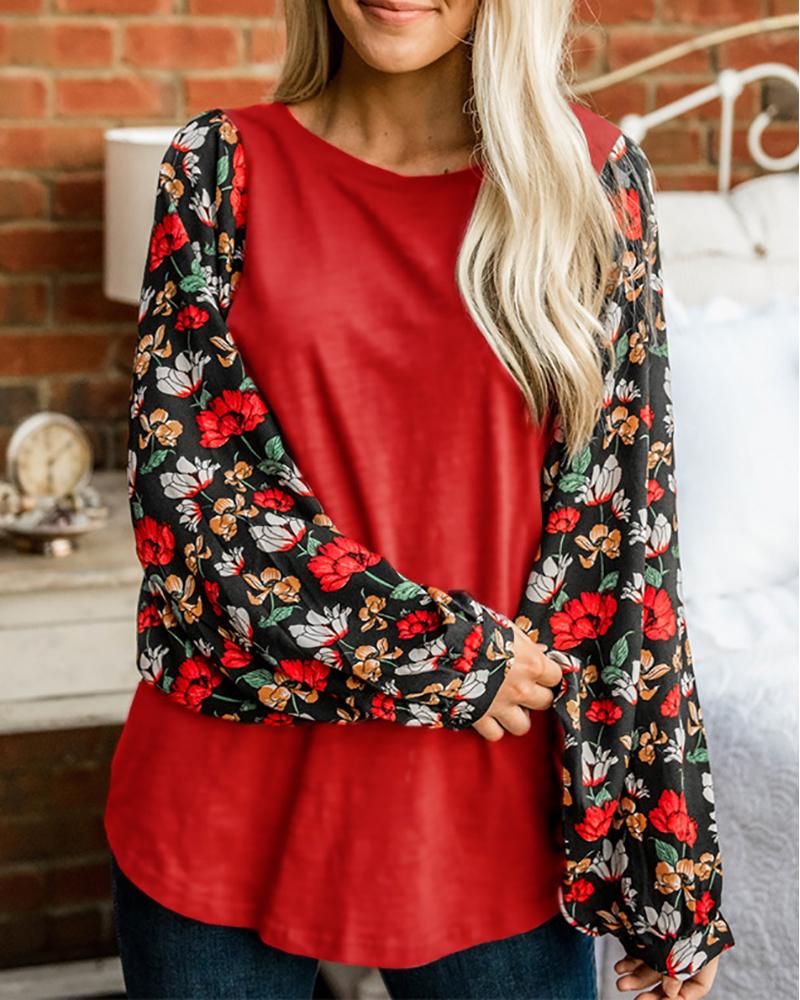 

Floral Print Colorblock Knit Casual Top, Red