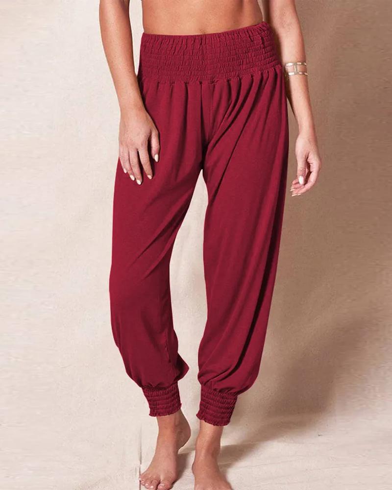 

Shirred High Waist Cuffed Pants, Wine red