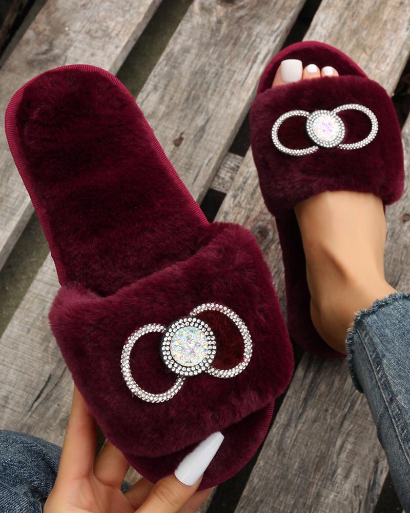 

Rhinestone Bowknot Design One Strap Fuzzy Slippers, Wine red