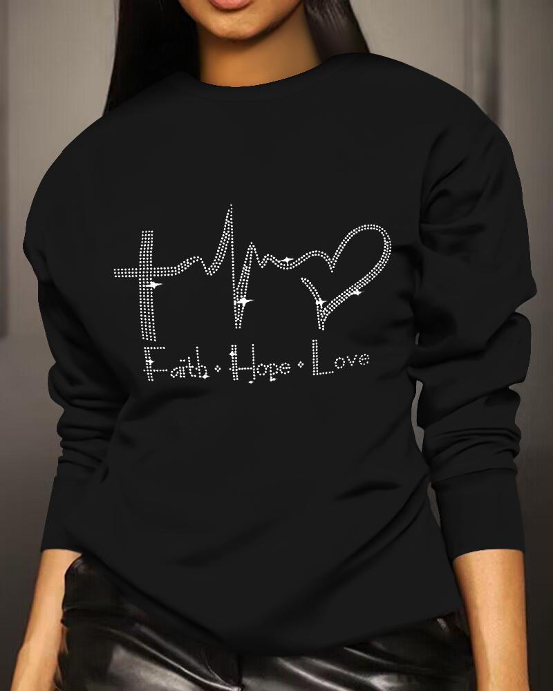 Sudadera con patrón de corazón de diamantes de imitación Faith Hope Love