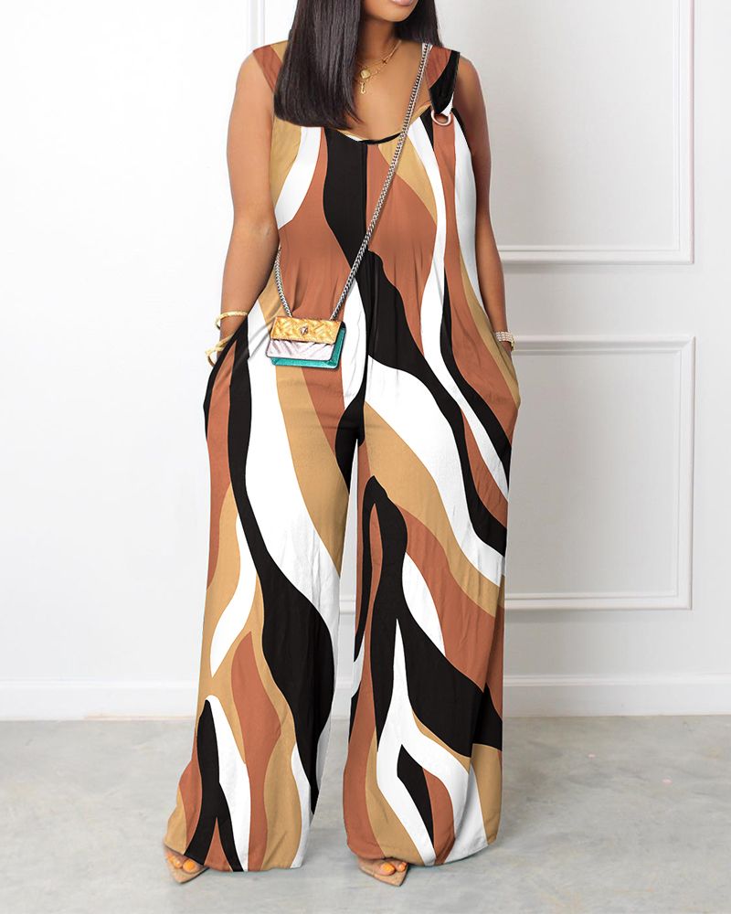 

Abstract Print Wide Leg Suspender Jumpsuit, Khaki