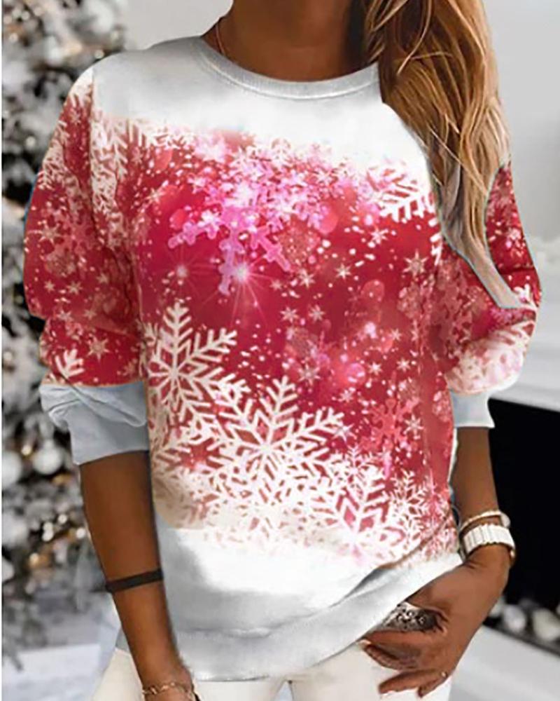 

Christmas Snowflake Print Long Sleeve Casual Top, Red