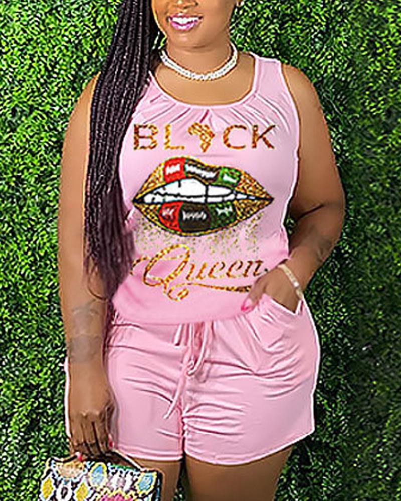 

Black Queen Lip Print Tank Top & Drawstring Shorts Set, Pink