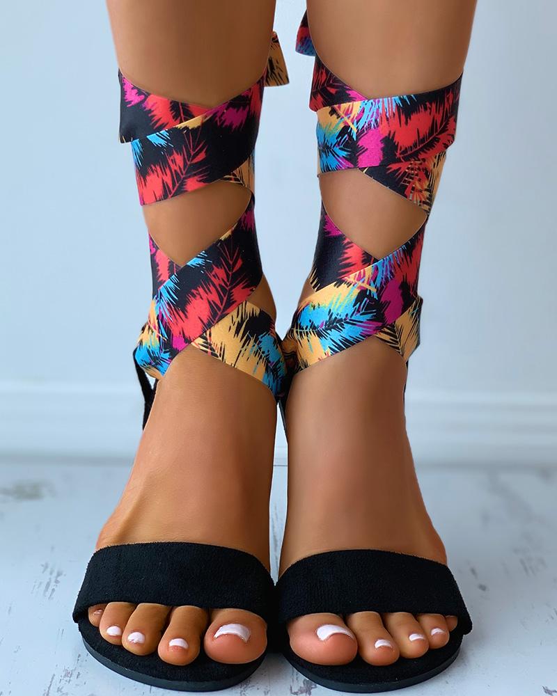 

Palm Tree Print Strappy Suede Flat Sandals, Black