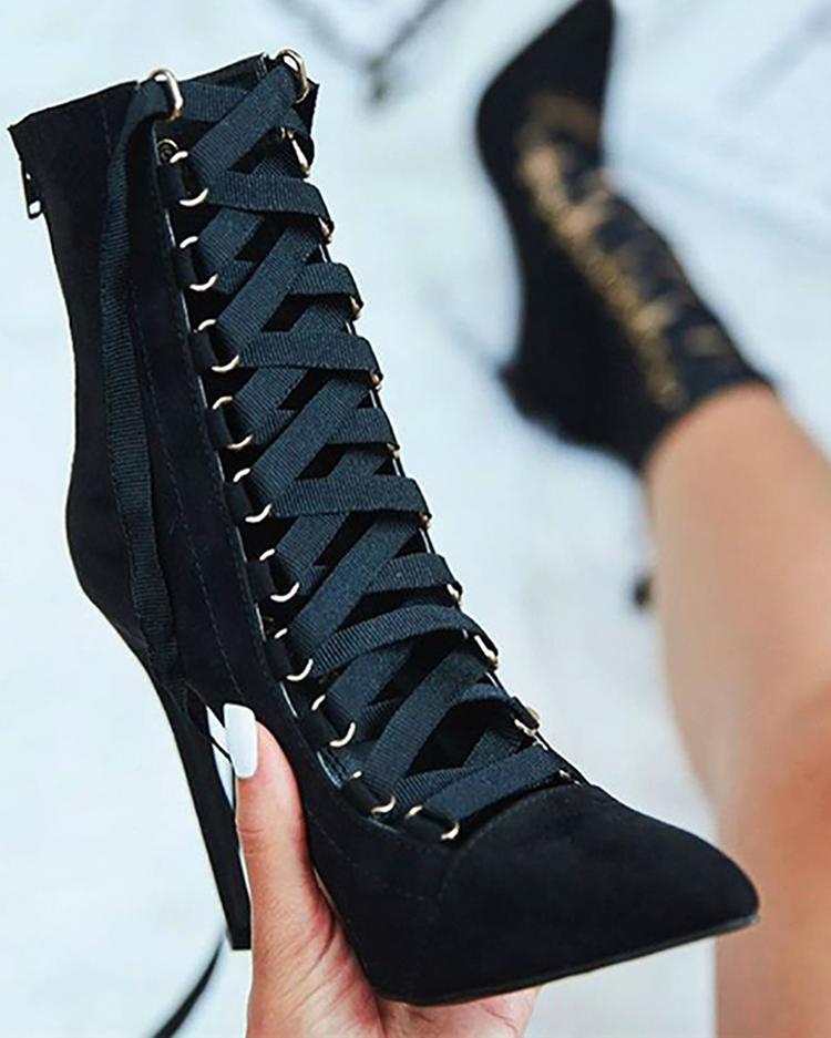 

Eyelet Lacep-Up Pointed Toe Heeled Boots, Black