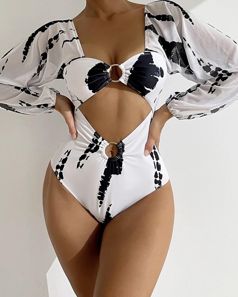 

Allover Print Cutout O-Ring Tankini Set, White