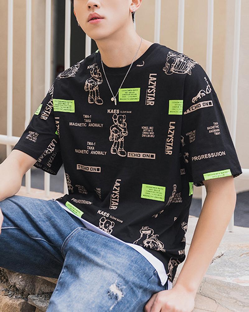 

Street Cartoon Kaws Print Short Sleeve T-shirt, Black