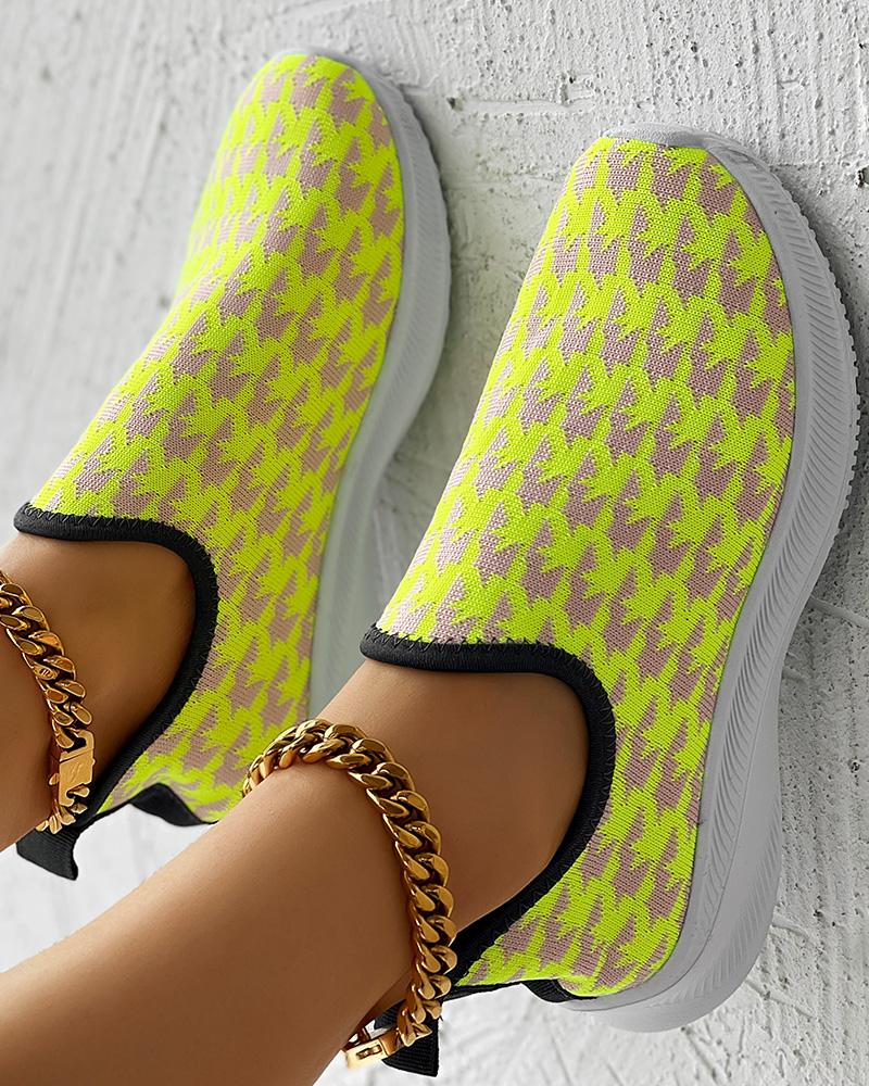 

Houndstooth Pattern Breathable Slip-On Casual Sneakers, Neon