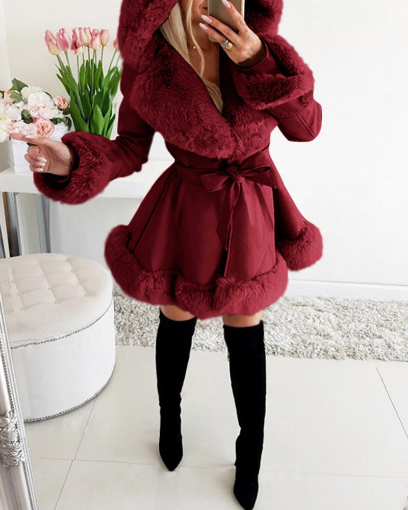 

Fashion Fur Coat Faux Fur Hooded Jacket Luxury Belted Leather Jacket Teddy Coat Winter Thick Warm Parka Coat Outwear, Dark red