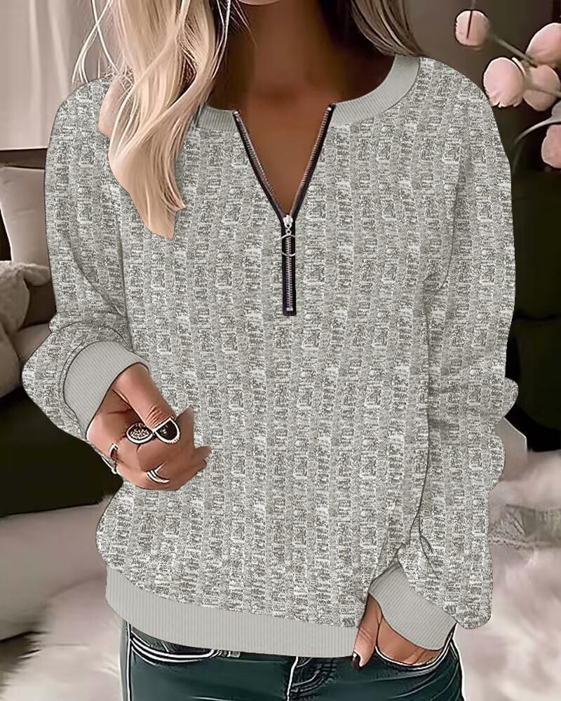 

Zipper Design Long Sleeve Ribbed Top, Gray
