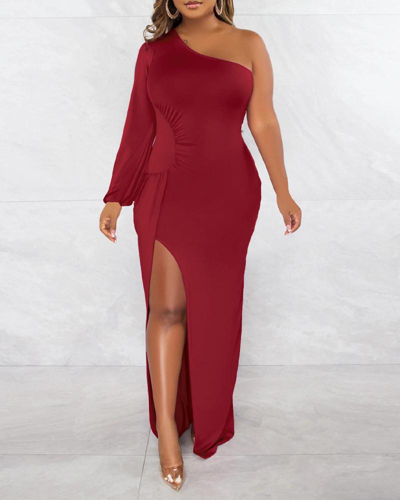 

One Shoulder Ruched High Slit Party Dress, Wine red