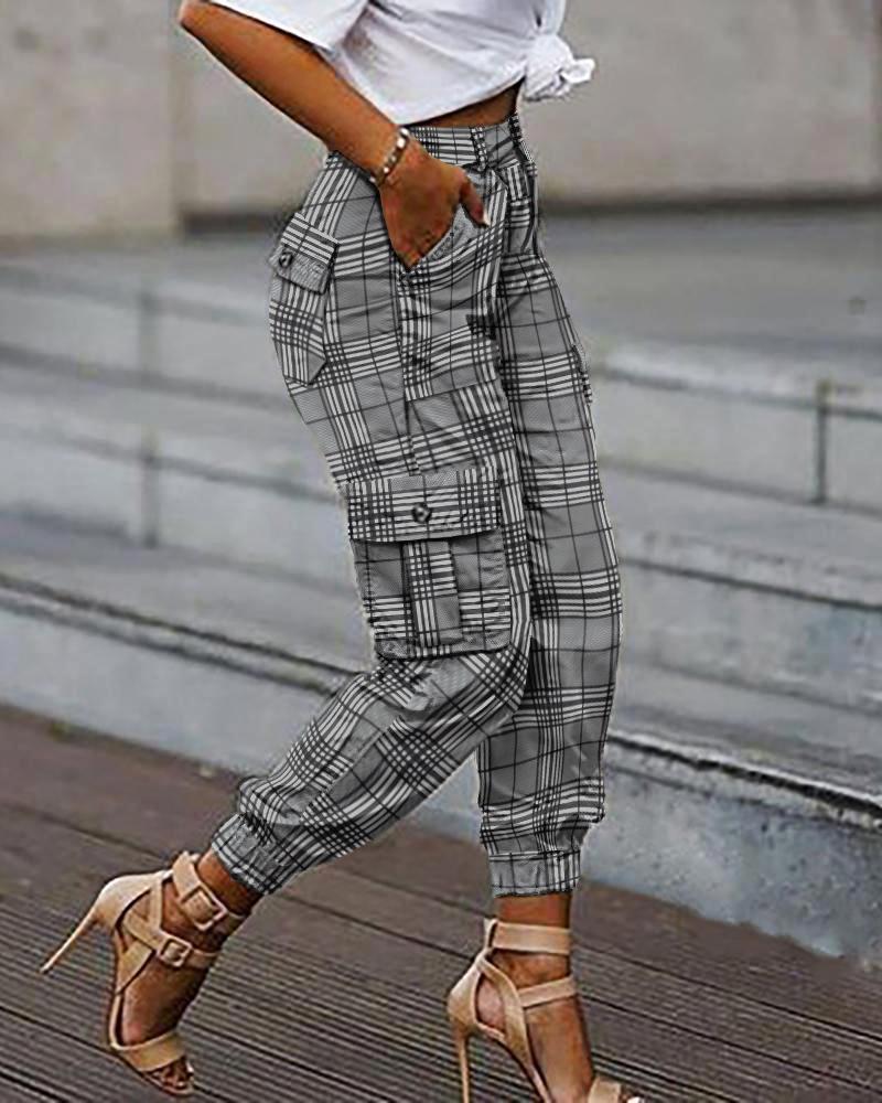 

Plaid Print Pockets Design Casual Cargo Pants, Gray