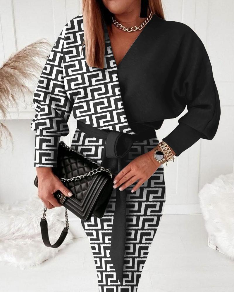 

Geometric Print Long Sleeve Belted Wrap Dress, Black