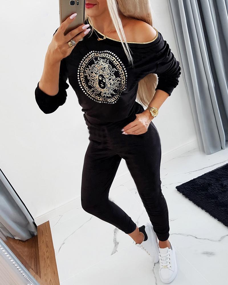 

Graphic Print Long Sleeve Tee & Pocket Design Pants Set, Black