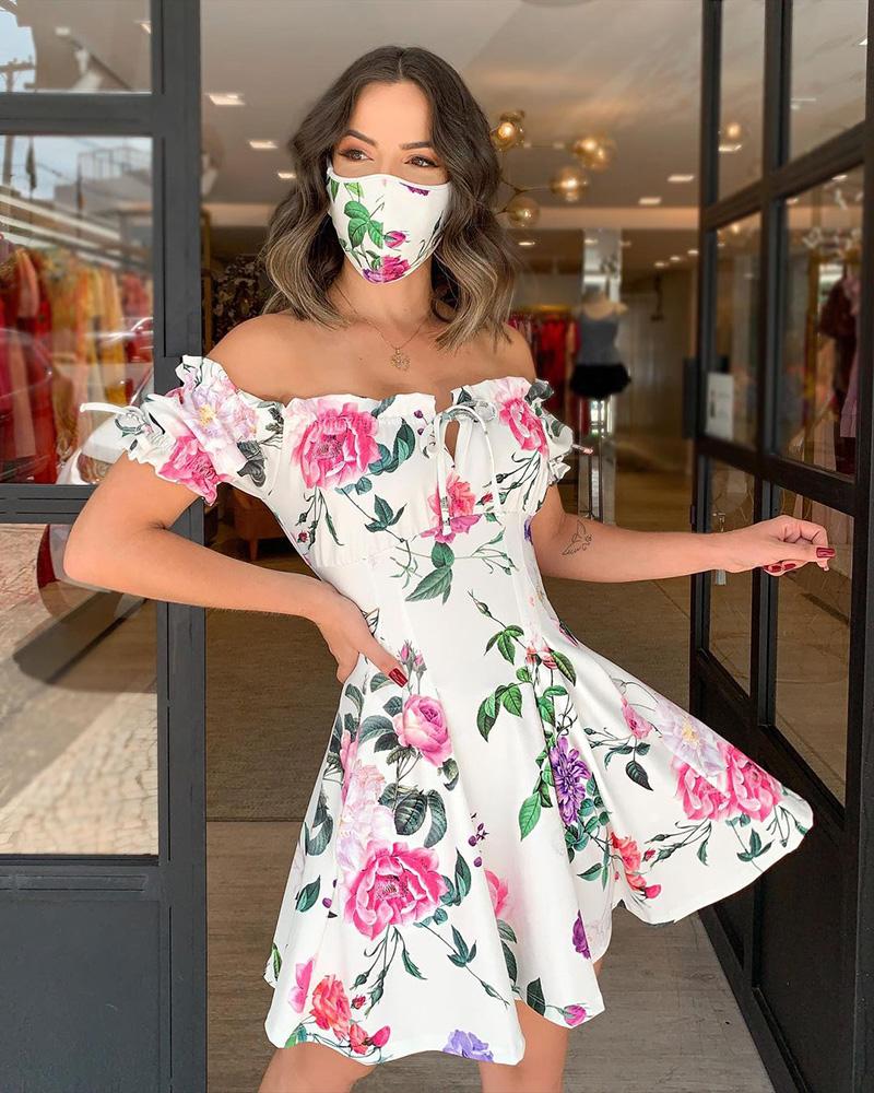 

Floral Print Tied Detail Frill Hem Dress With Face Mask, White