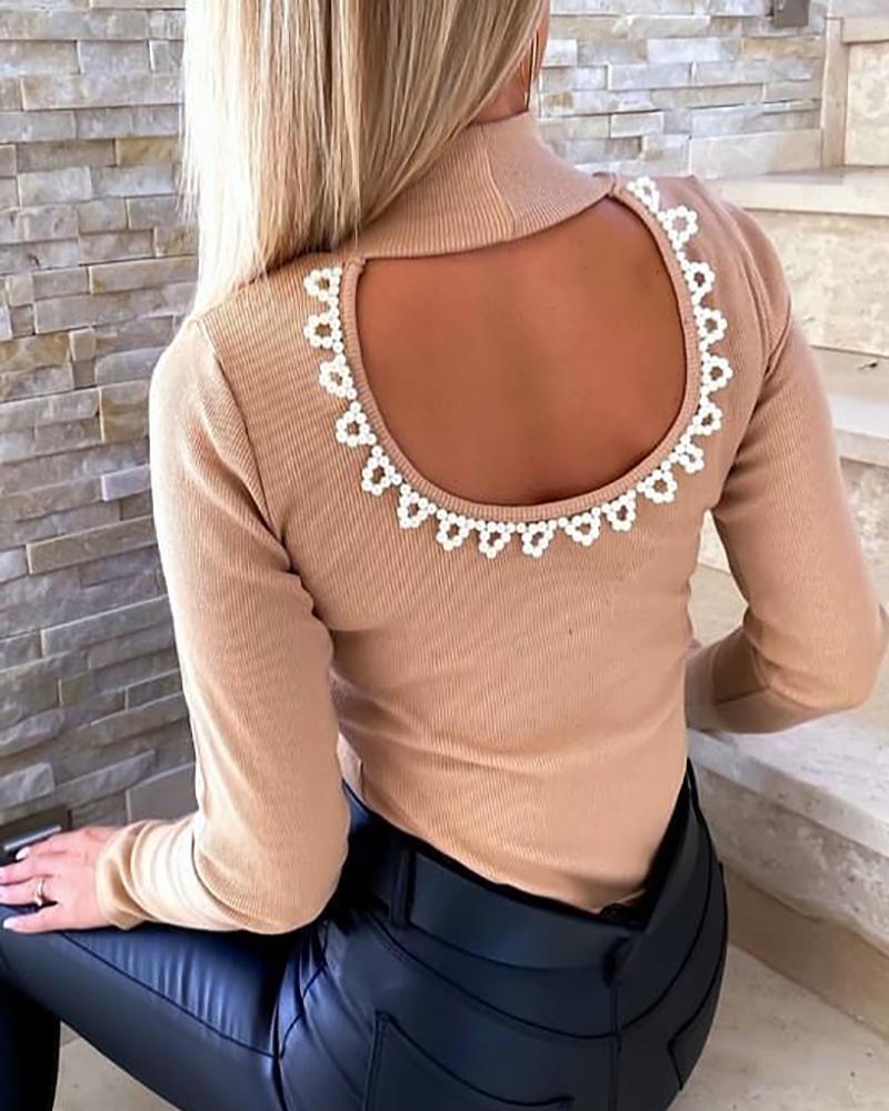 

Lace Patch Backless Long Sleeve Top, Khaki