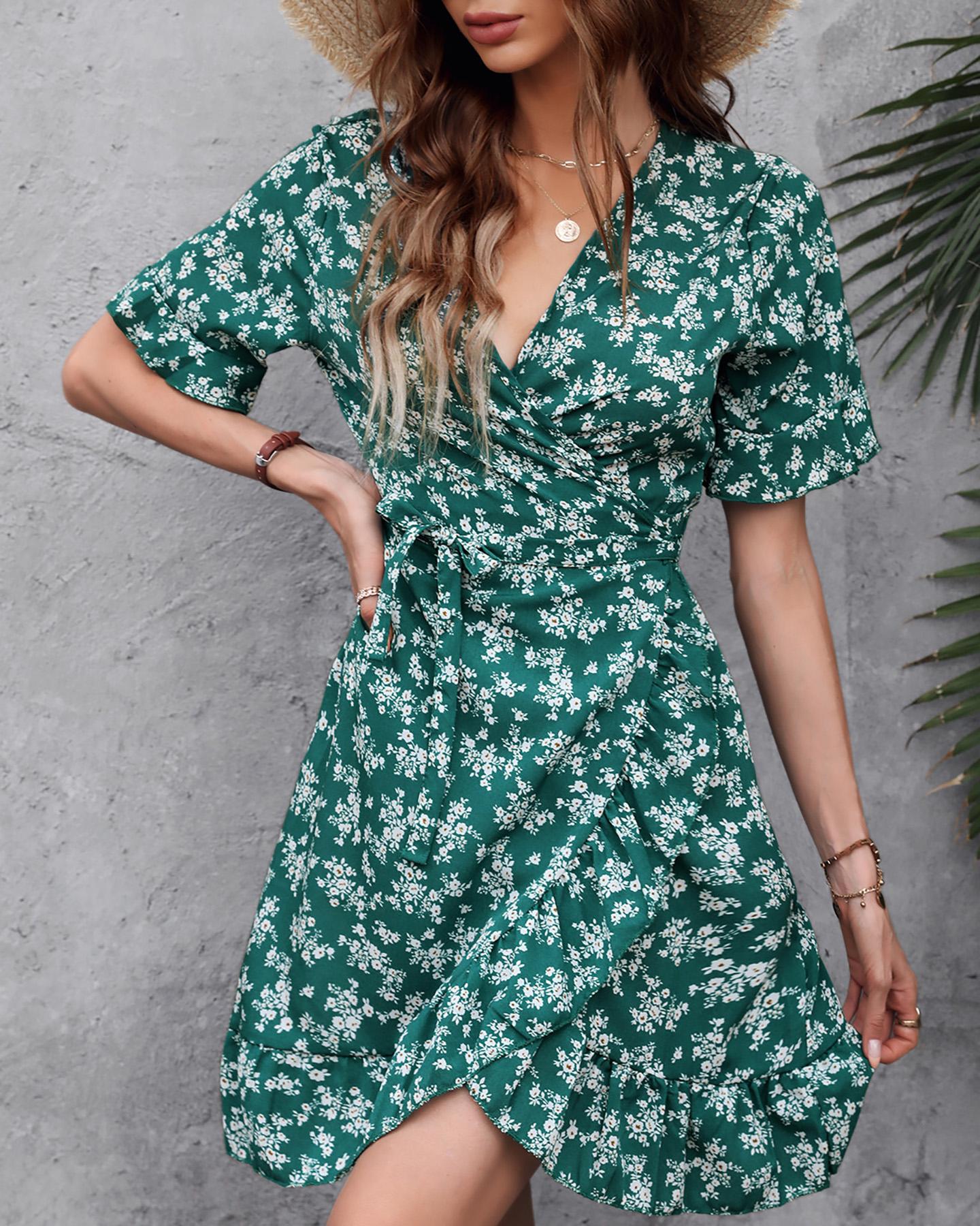 

Floral Ruffle Hem Mini Dress, Green
