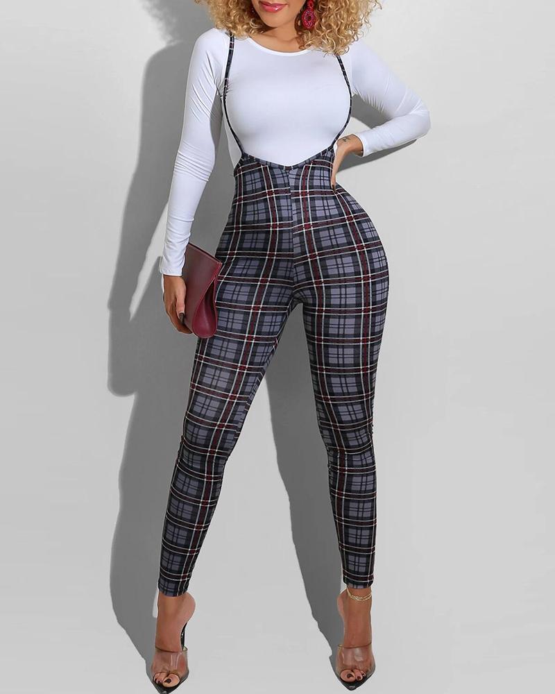 

Plain Blouse & Suspender Houndstooth / Plaid Print Jumpsuit Set, Gray