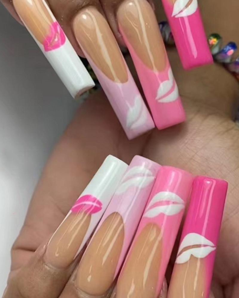 

24pcs Glossy Lip Pattern Press On Fake Coffin Nails Set, Pink