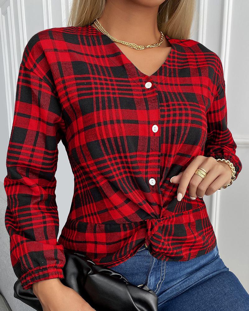 

Plaid Print Long Sleeve Buttoned Twisted Top, Red