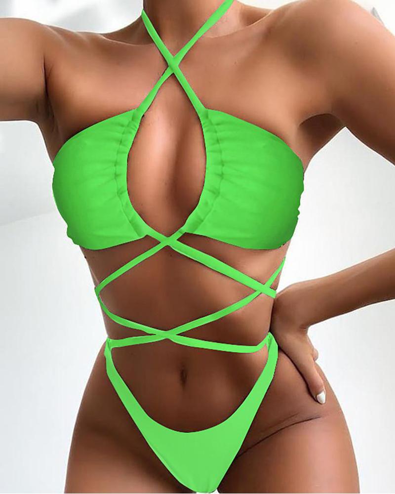 

Halter Crisscross Strappy One-Piece Swimsuit, Green