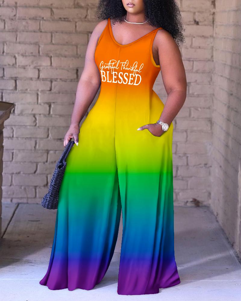 

Plus Size Ombre Grateful Thankful Blessed Print Wide Leg Jumpsuit, Multicolor