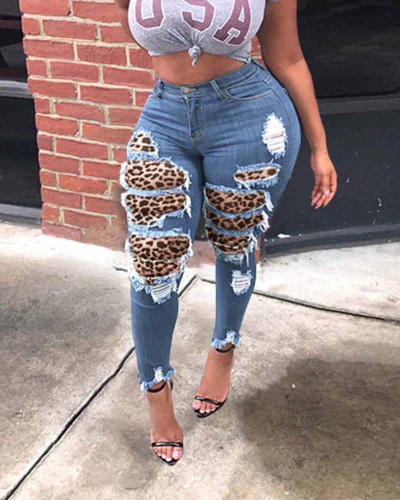 

Fashionable Stitching Leopard Pencil Pants, Blue