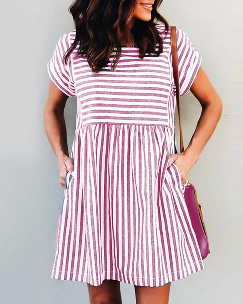 

Striped Pocket Design Short Sleeve Dress, Pink