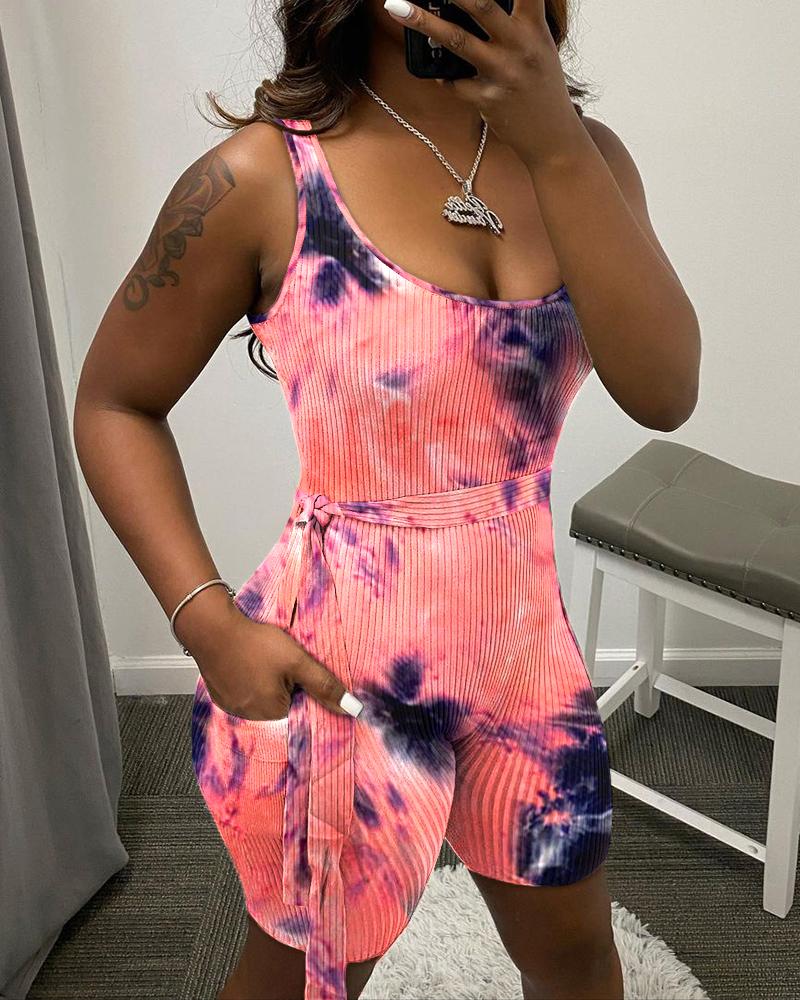 

Tie Dyed Strap Pit Sleeveless Bodycon Romper, Multicolor