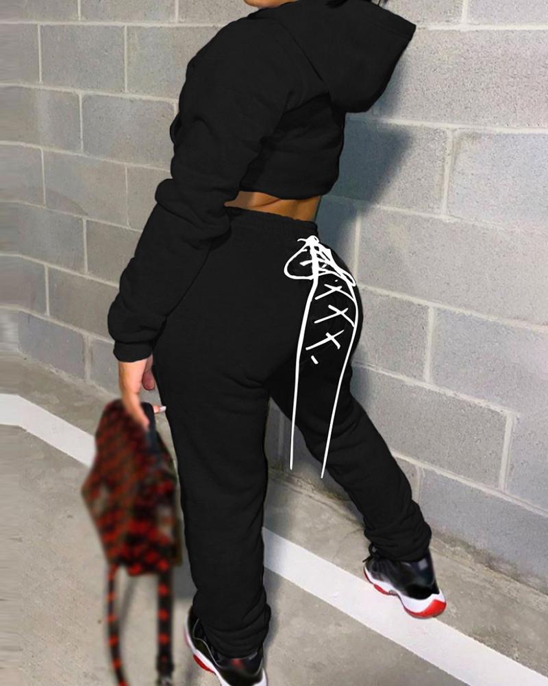 

Long Sleeve Hoodie & Lace-up Pants Set, Black