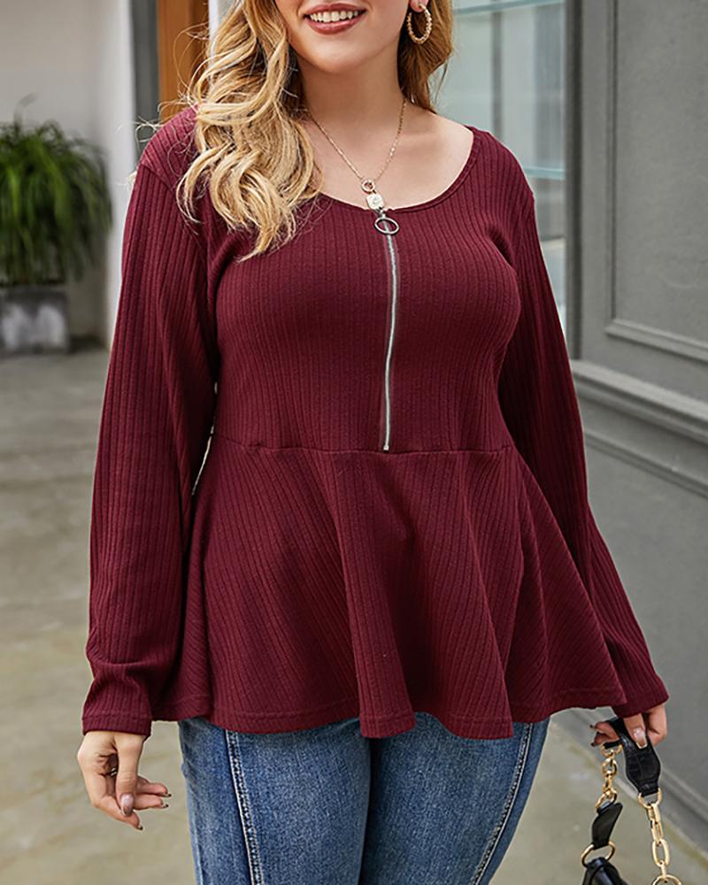 

Plus Size Plain Zipper Front Ruffle Hem Top, Wine red