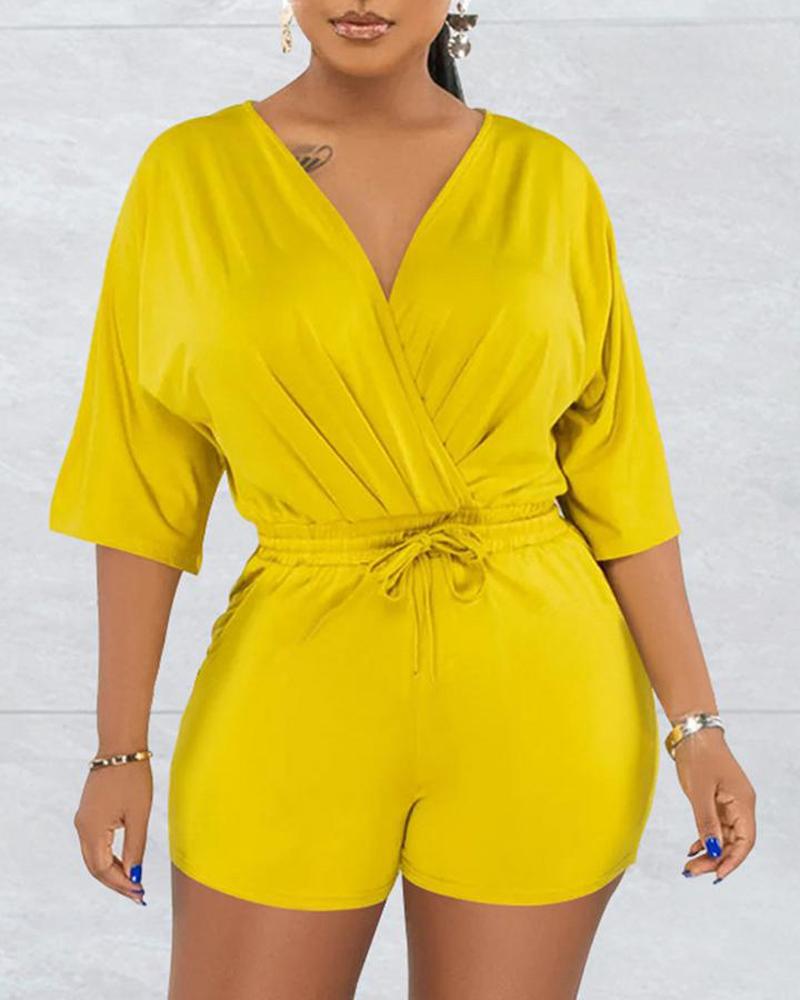 

Drawstring V-Neck Wrap Ruched Detail Romper, Yellow