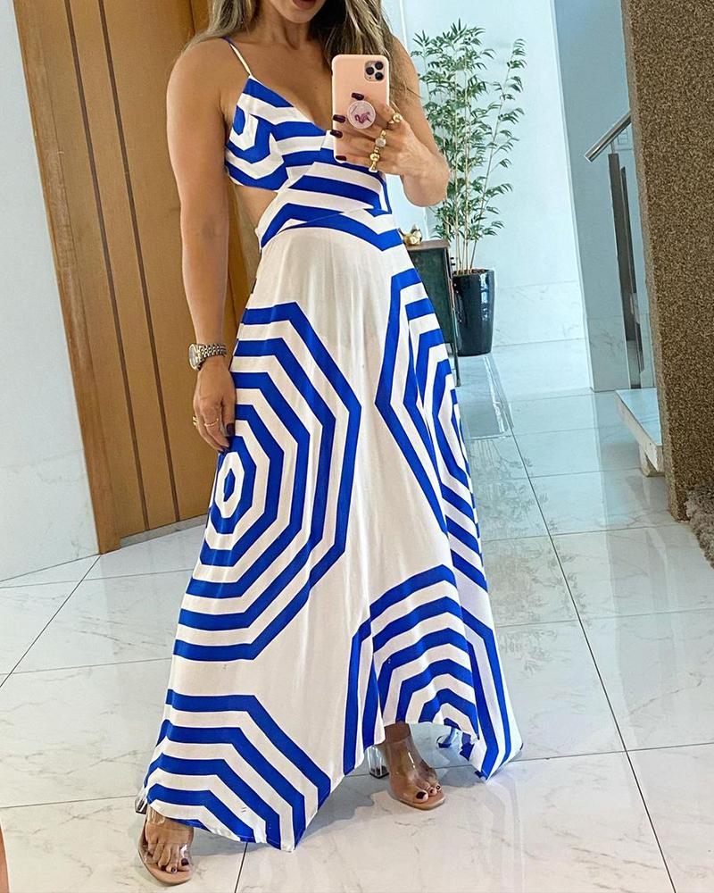 

Geo Pattern Print Cutout Waist Maxi Dress, Blue