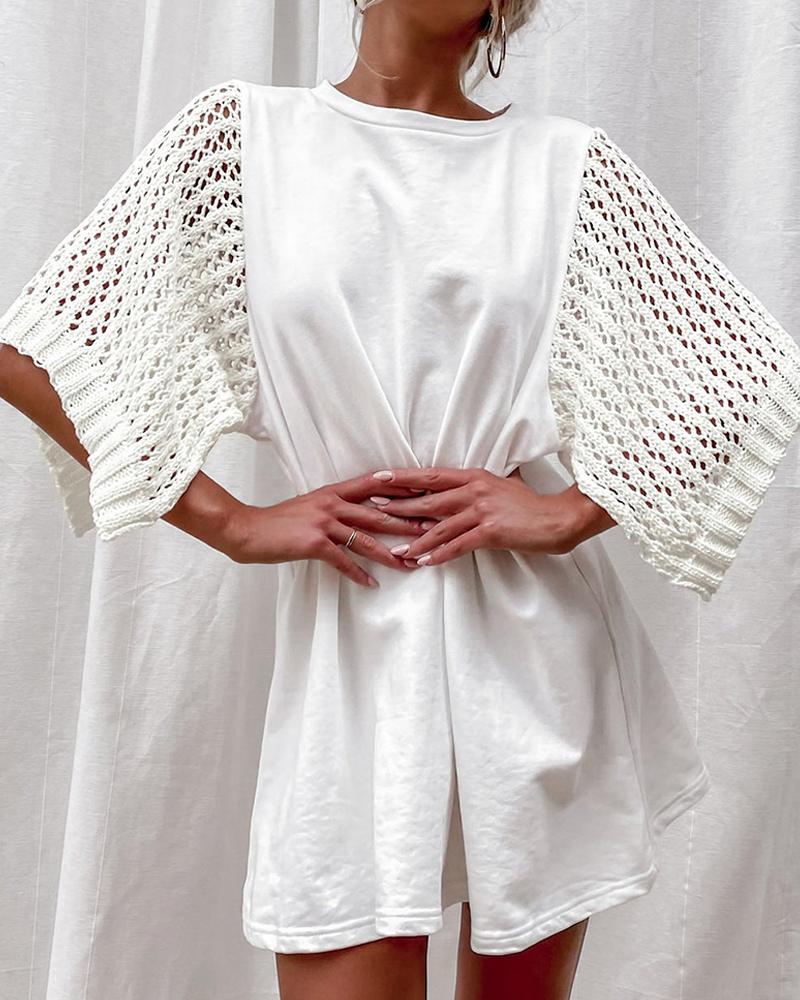 

Hollow-out Cap Sleeve Casual Dress, White