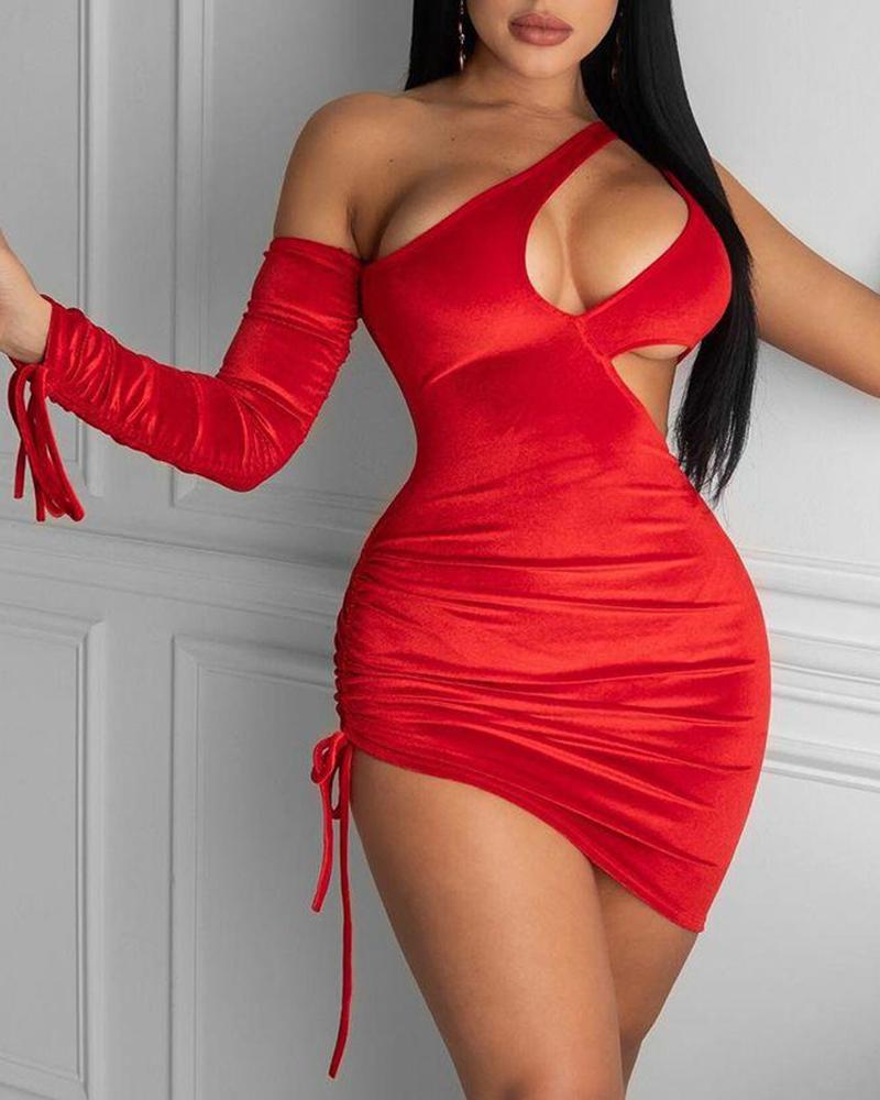 

Solid One Shoulder Cut-Out Drawstring Ruched Velvet Bodycon Dress, Red