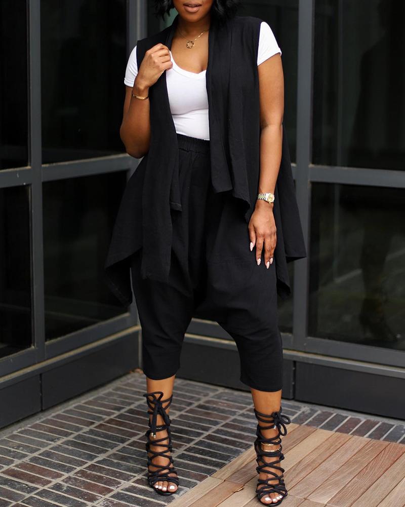 

Sleeveless Asymmetrical Hem Top & Harem Pants Set, Black