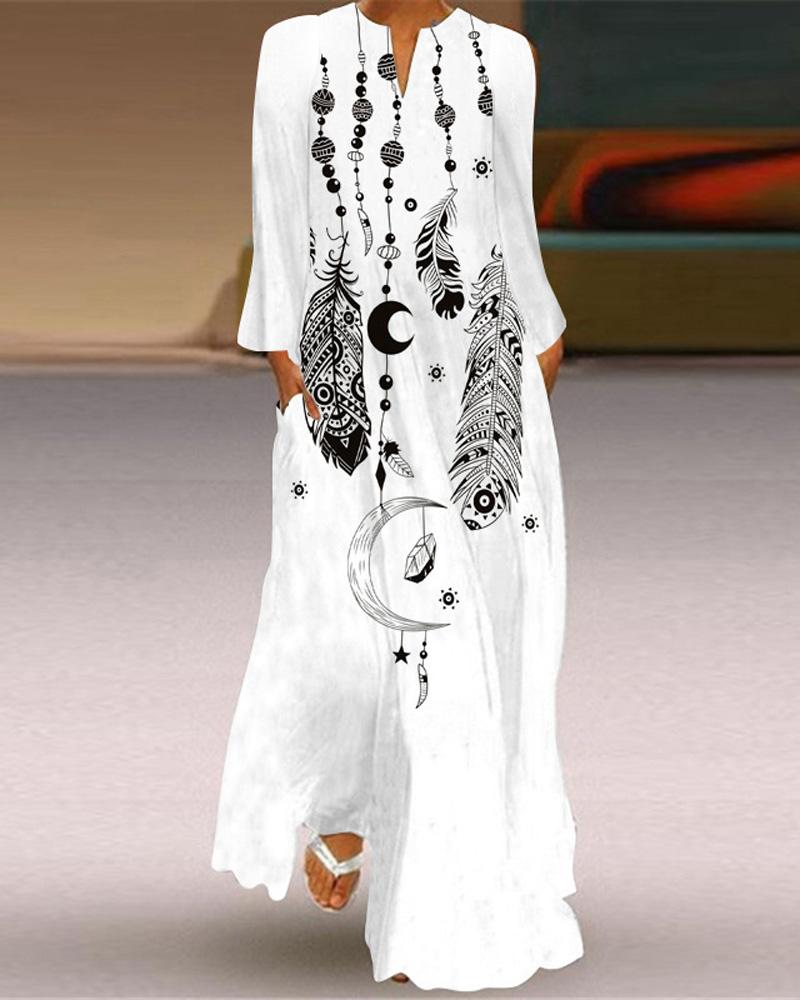 

Feather Moon Print Long Sleeve Maxi Dress, White