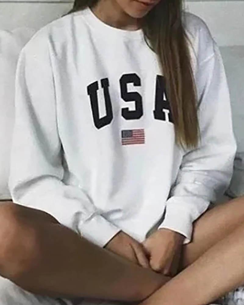

Letter American Flag Print Casual Sweatshirt, White